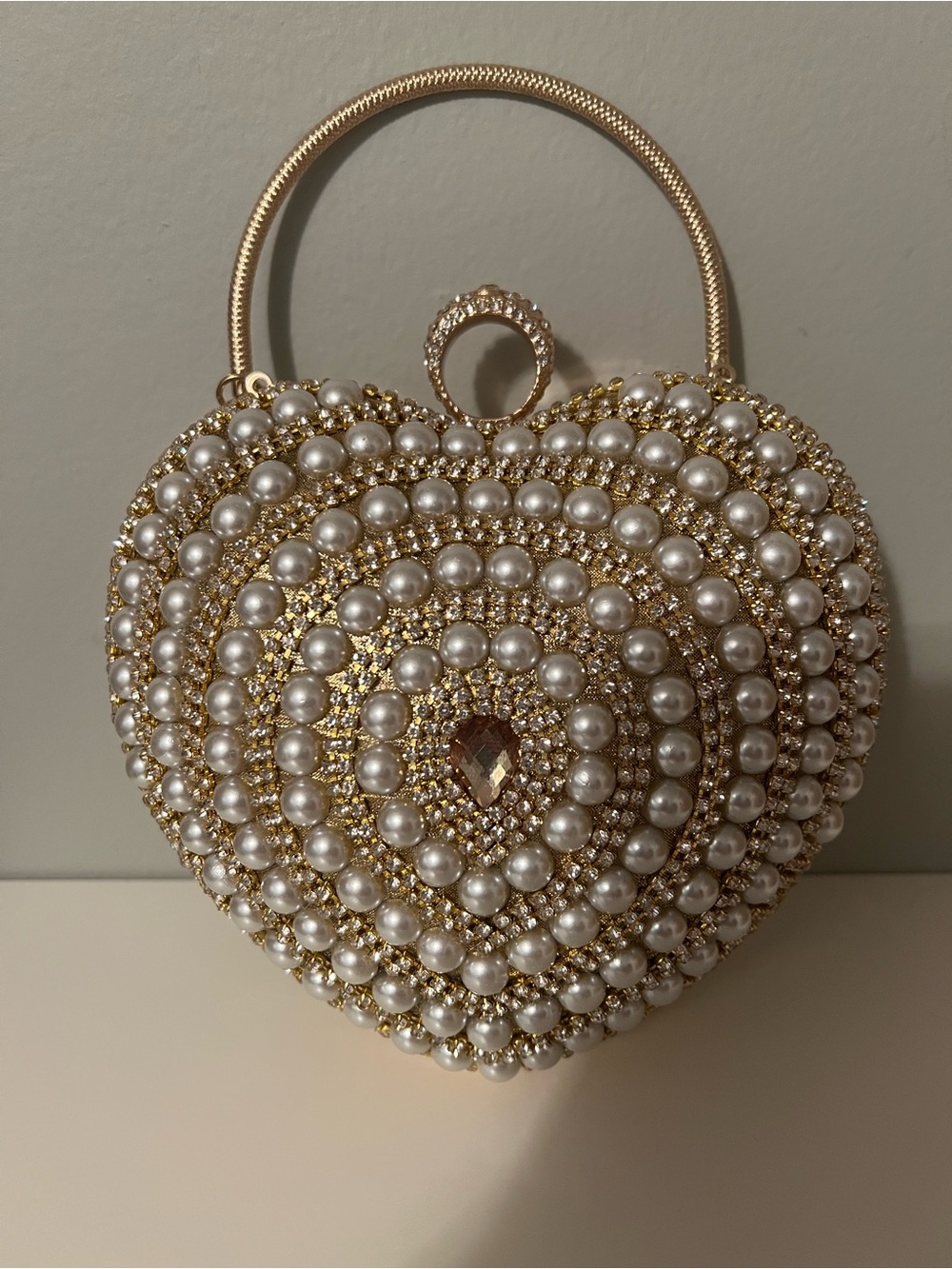 Gold Pearl & Rhinestone Heart-Shaped Evening Bag